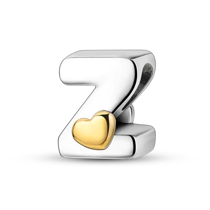Z letter charm in 925 sterling silver with a gold heart accent for bracelet
