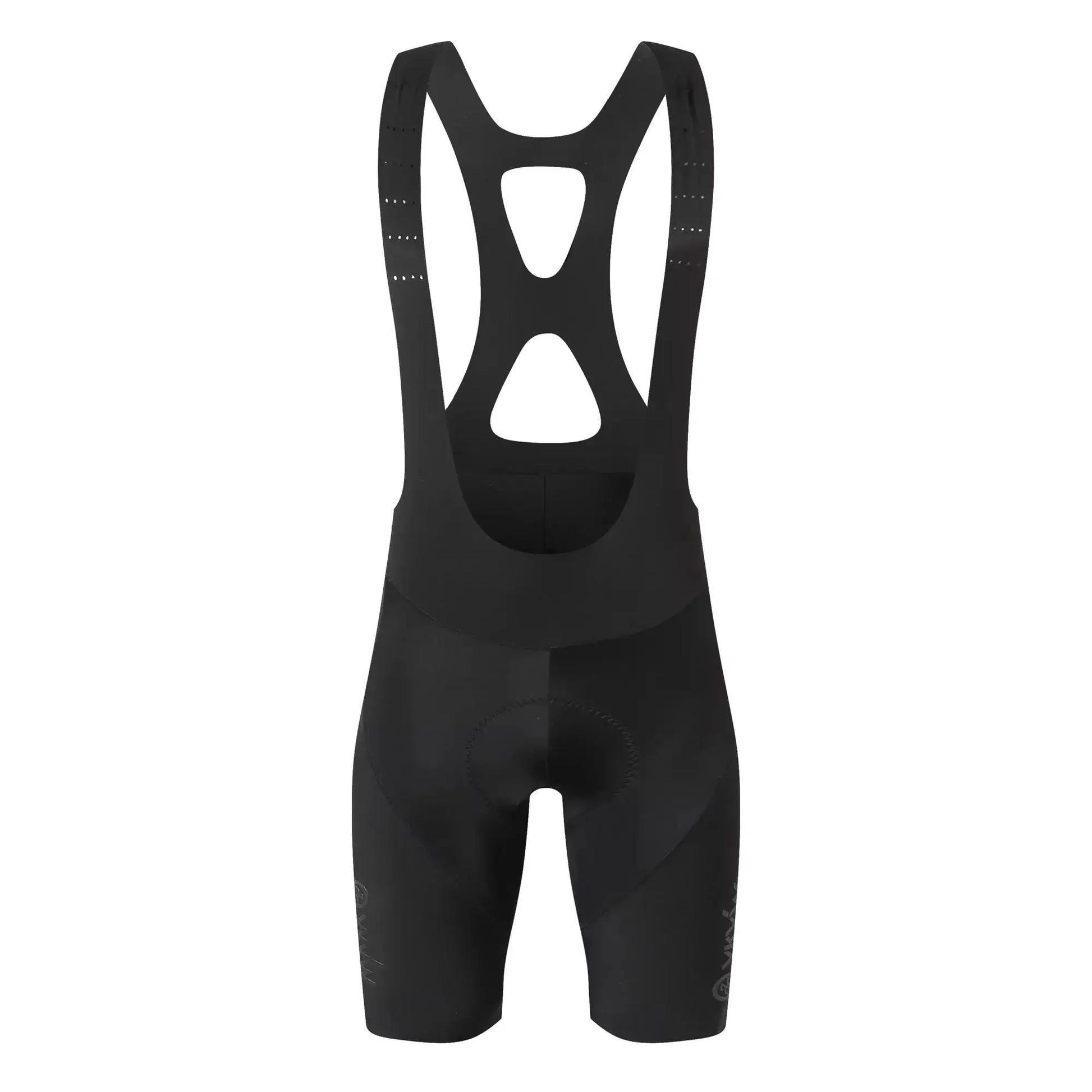 Men's cycling bib shorts in black with hollow-back design and breathable fabric