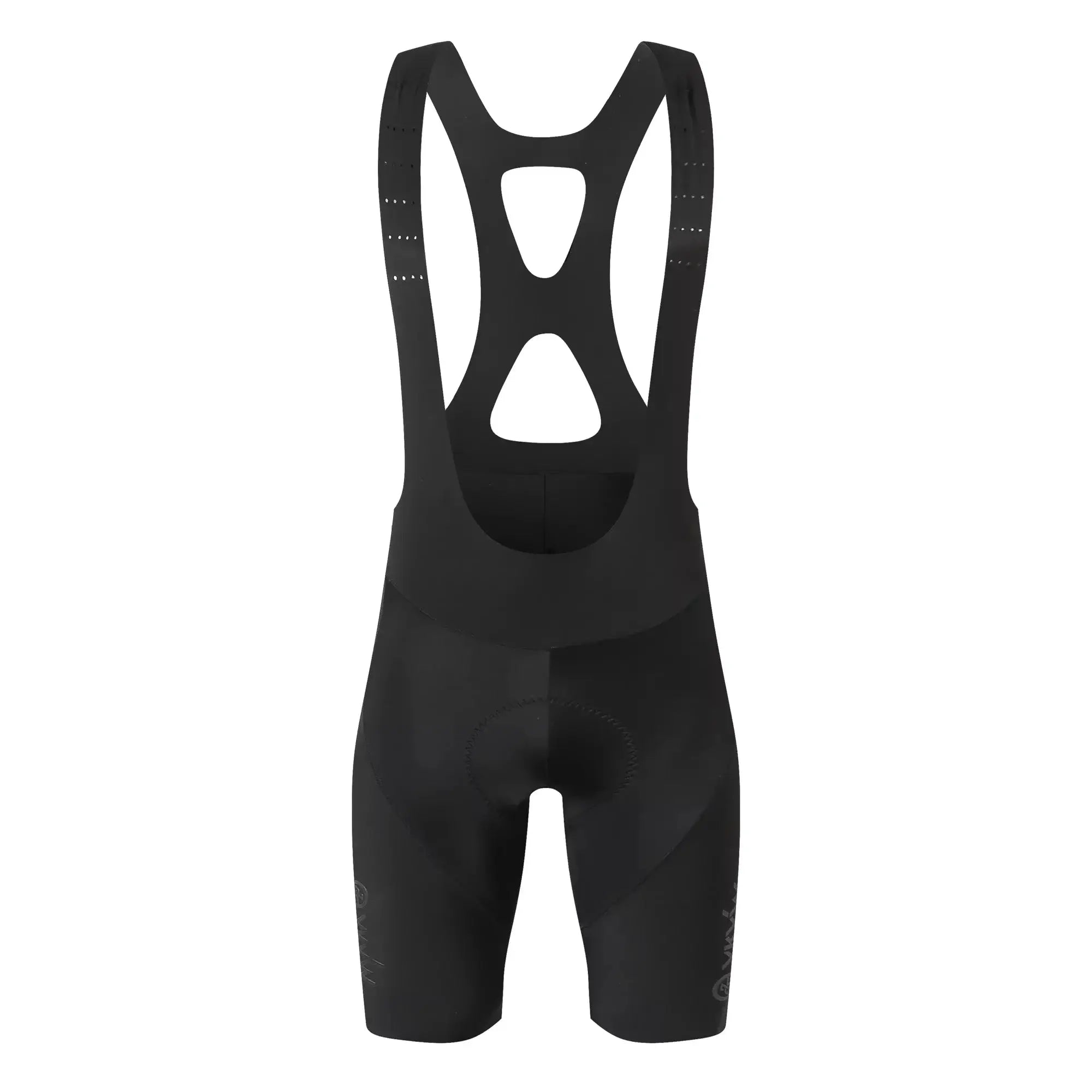 Men's cycling bib shorts in black with hollow-back design and breathable fabric