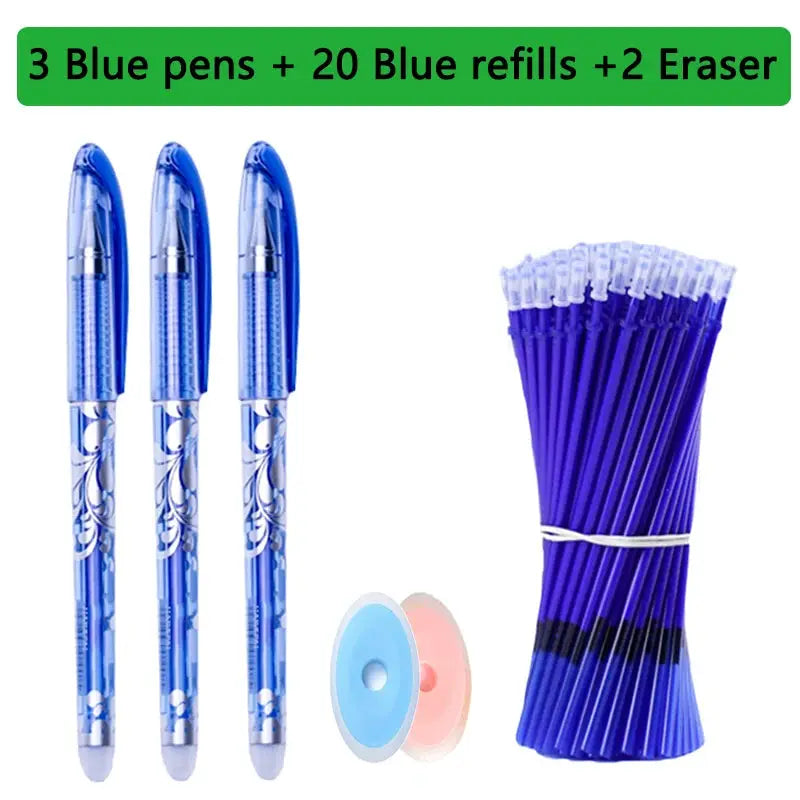 Simples Market blue erasable gel pen set, 25pc: 3 pens, 20 blue refills, 2 erasers