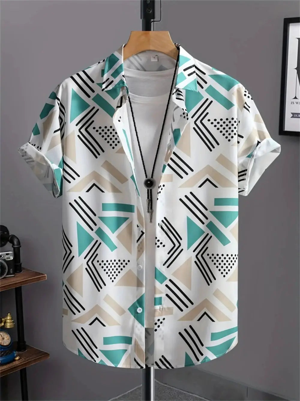 Simple men's shirt by Simples Market with teal and beige geometric print on white, short sleeves.