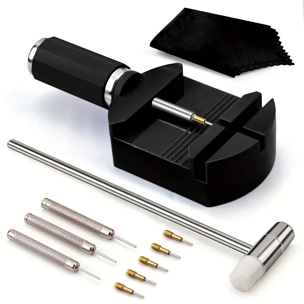 Watch link removal tool kit by Simples Market; black base with stainless steel punches and assorted pins.