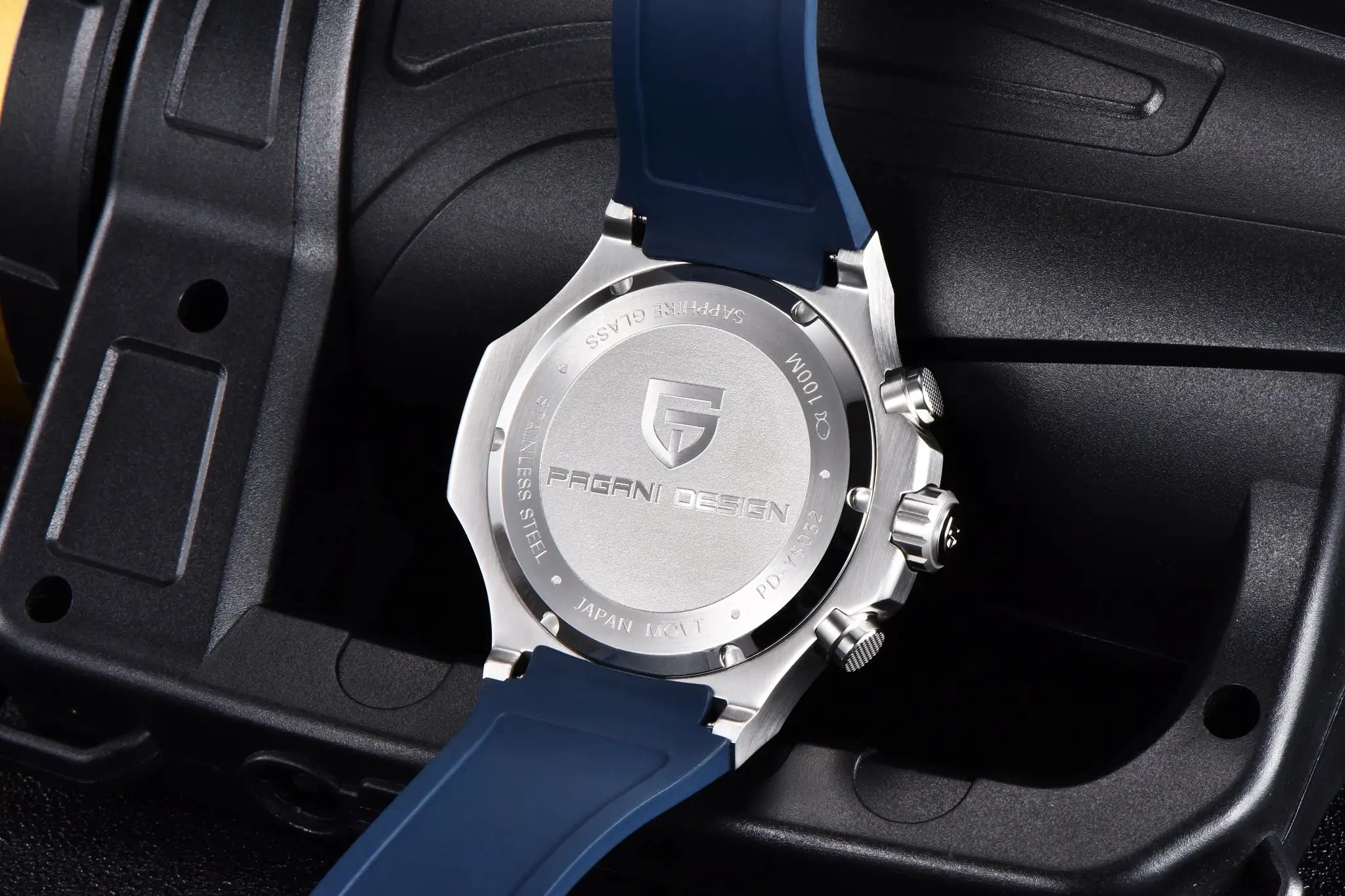 Pagani Design men's watch with blue fluororubber strap and stainless steel case back