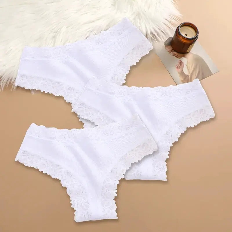 3-pack white cotton panties for women with floral lace trim and scalloped edges