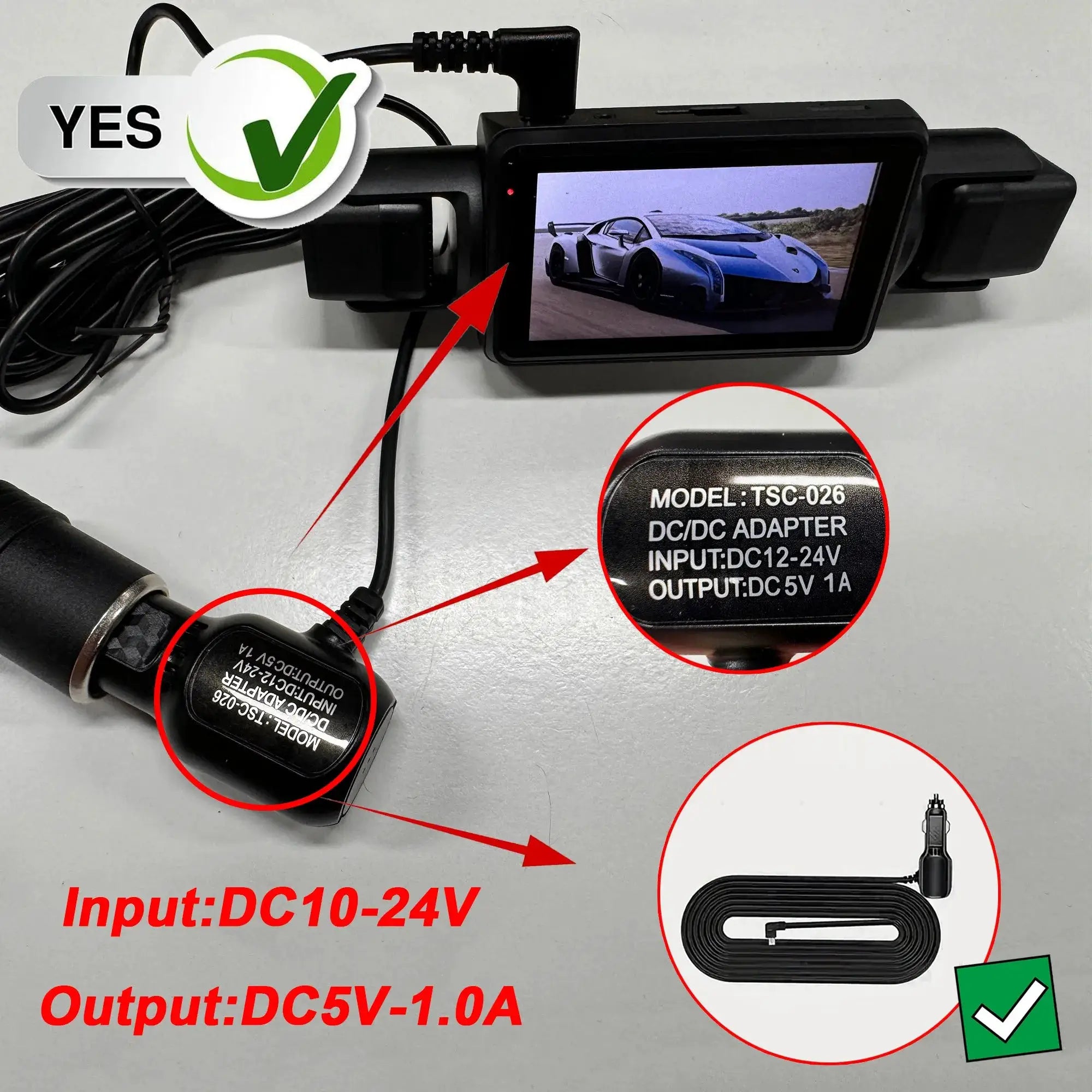 4Ch WiFi dash cam with LCD display, black, includes wiring harness