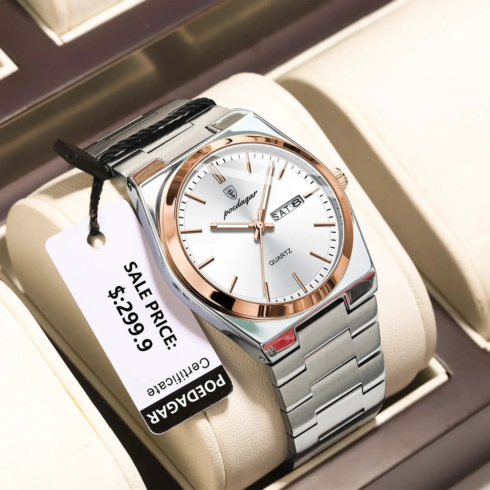 POEDAGAR luxury men's quartz watch with silver stainless steel band and rose-gold bezel, day/date window