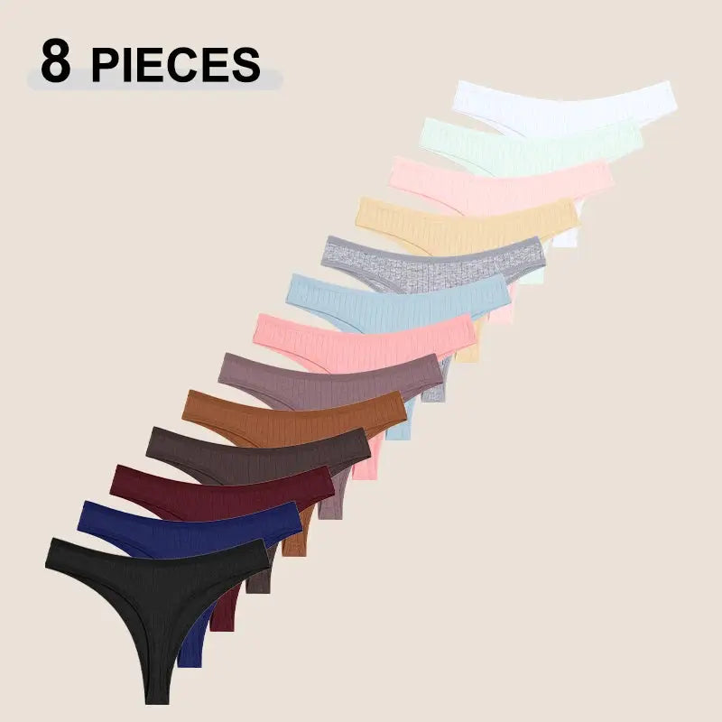 Cotton seamless women's thongs, 8-piece set by Simples Market in assorted colors, low-rise