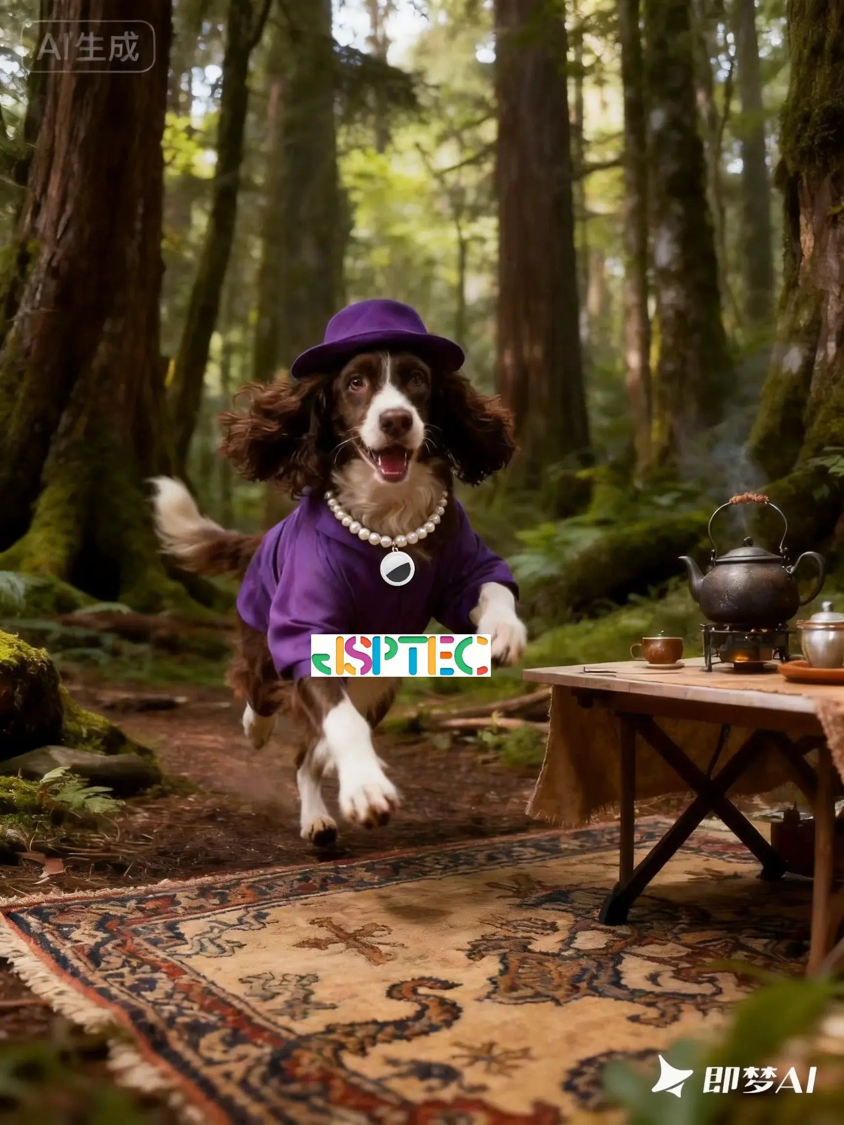 Dog wearing purple coat and hat runs through forest beside a tea table with kettle; SPTEC logo visible.