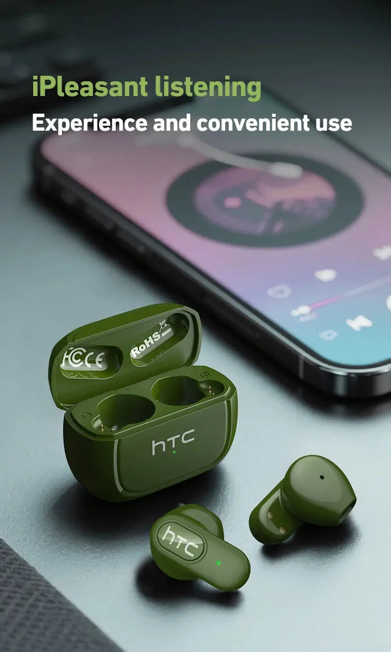 HTC NE51 Bluetooth TWS earphones in green with charging case; two green earbuds
