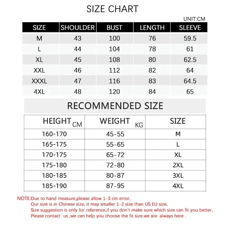 Men's trench coat size chart showing shoulder, bust, length, sleeve measurements in cm and recommended sizes.