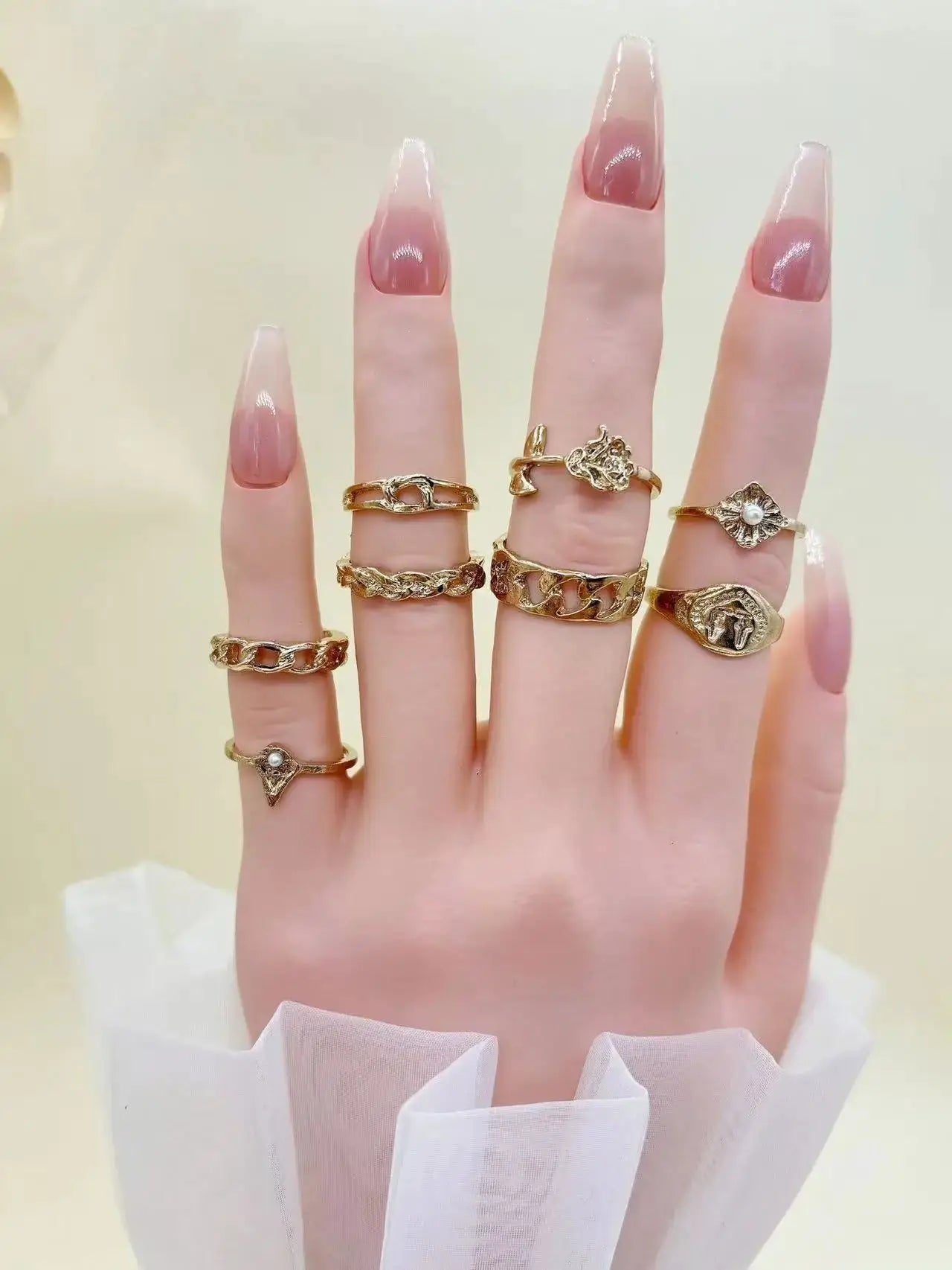 Retro Geometric Pearl Ring Set For Women With Gold Plating Opening Flower Rings Gift