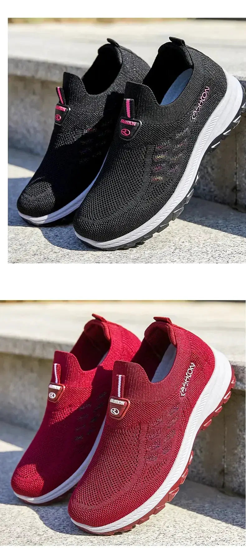 Simples Market breathable knit-upper slip-on sport shoes, black and red colorways with white sole