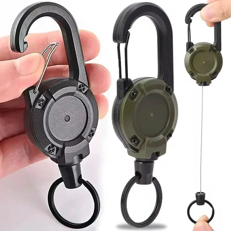 Retractable heavy-duty pull reel carabiner with steel wire rope, key ring, Simples Market; olive green/black, 2-pack.