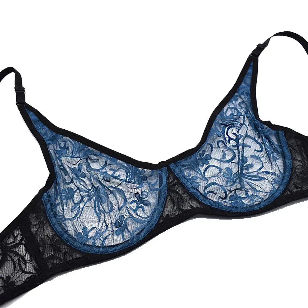 Womens lace underwire bra with blue embroidered cups on black mesh.
