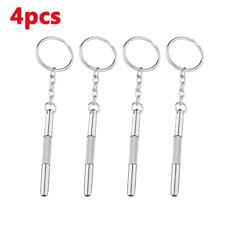 4pcs mini 3-in-1 screwdriver keychain set in silver metal for eyeglass and watch repair