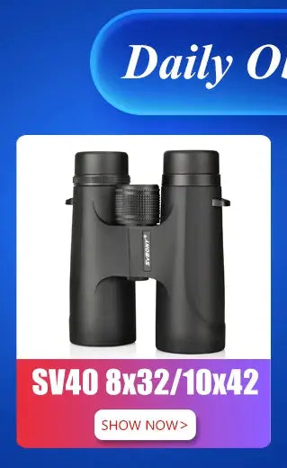 SVBONY binoculars black; SV40 8x32/10x42 configuration label visible