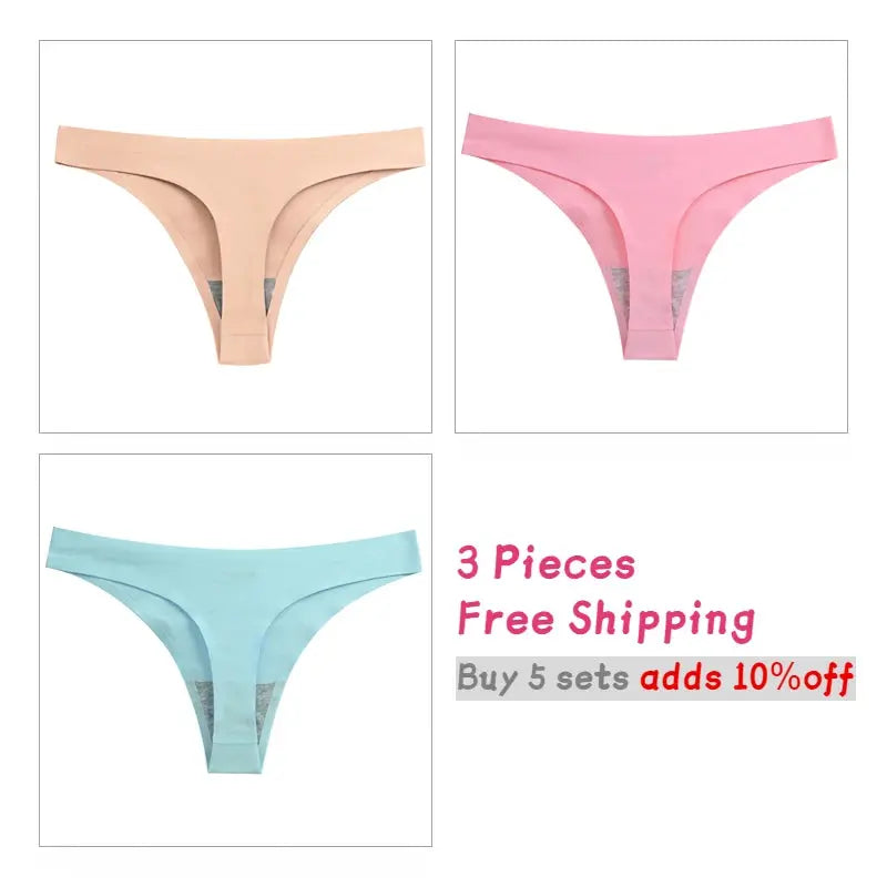 WarmSteps 3-piece thong set: seamless low-rise panties in beige, pink, and light blue.