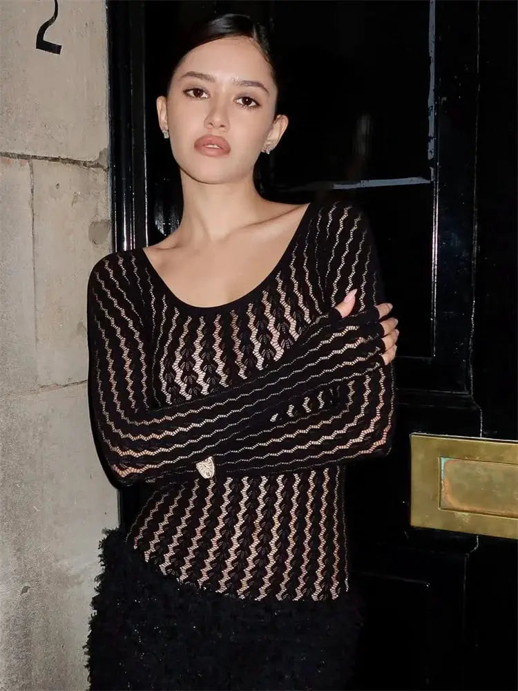 Tossy see-through black mesh jumpsuit by Simples Market; wrap-style sheer knit romper for women