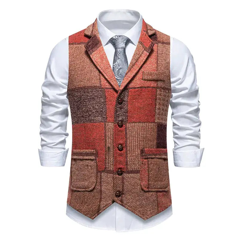 Tweed plaid vest waistcoat by Simples Market; patchwork brown-red with lapels and pockets