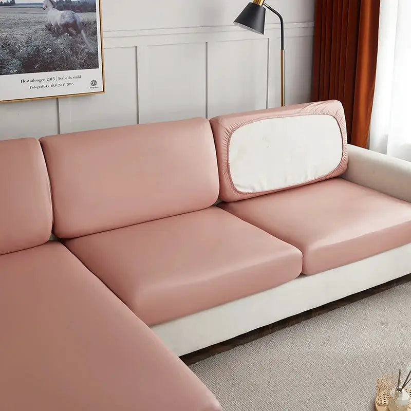 Corner sofa cover, solid pink PU leather; waterproof, elastic stretch slipcover by Simples Market