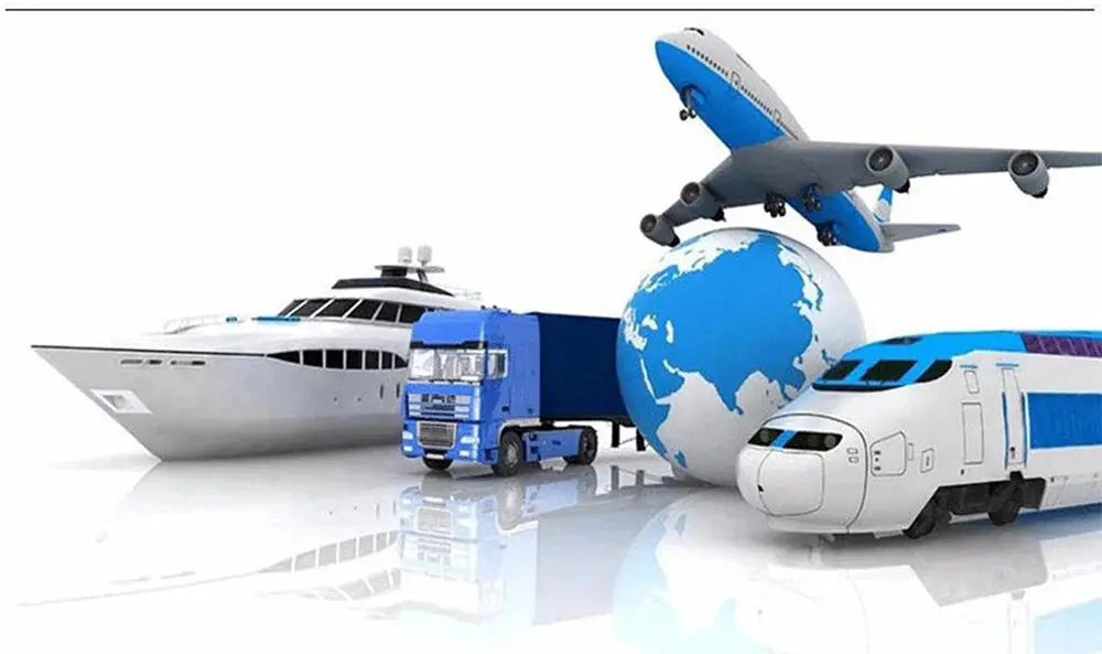 Global transport collage featuring airplane, cruise ship, blue truck, globe and high-speed train.