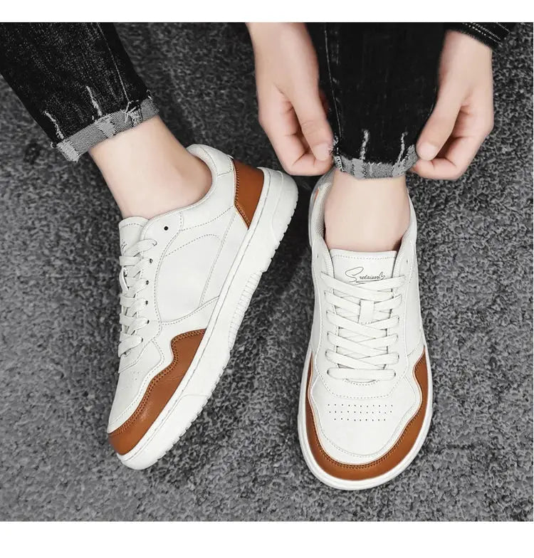 Men's casual sneakers by Simples Market, white with brown overlays, lace-up design.