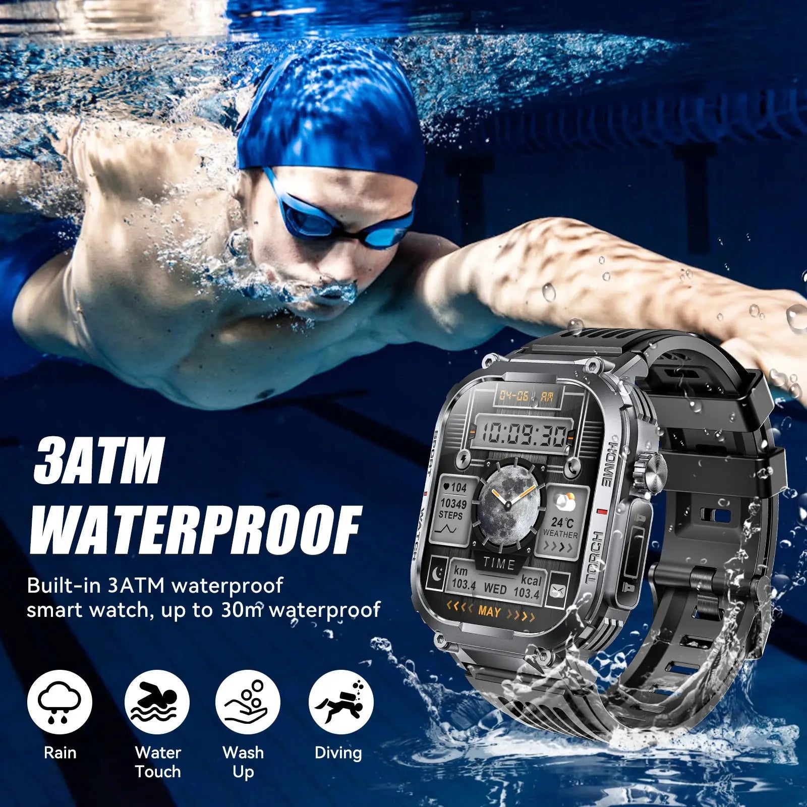 EIGIIS men's smart watch, 3ATM waterproof with compass and LED flashlight for sports and fitness tracking