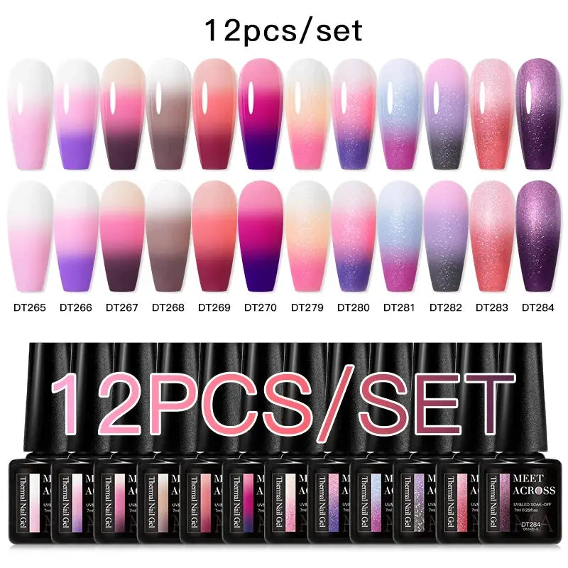 MEET ACROSS 12-piece gel nail polish set by Simples Market in glittery pink, purple, and blue shades