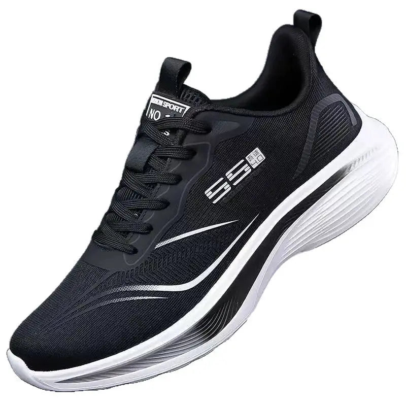 Men's breathable mesh sneakers, black upper with white sole, lightweight running shoes