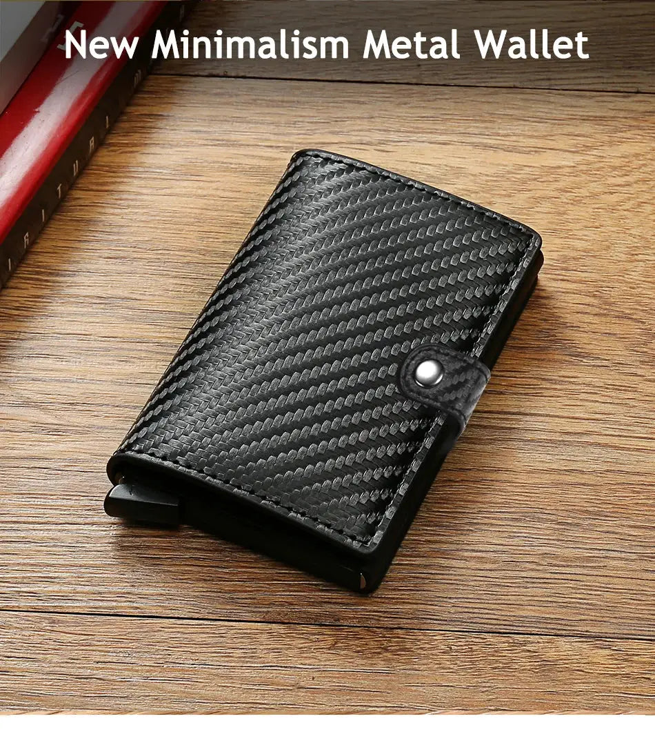 Simples Market carbon fiber RFID wallet; minimalist metal card holder in black.