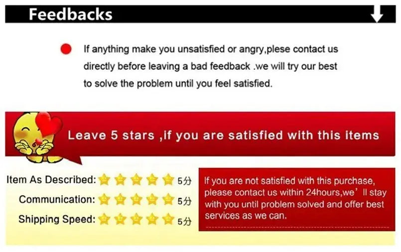 Red banner feedback from Simples Market with yellow five-star ratings and notes on item as described