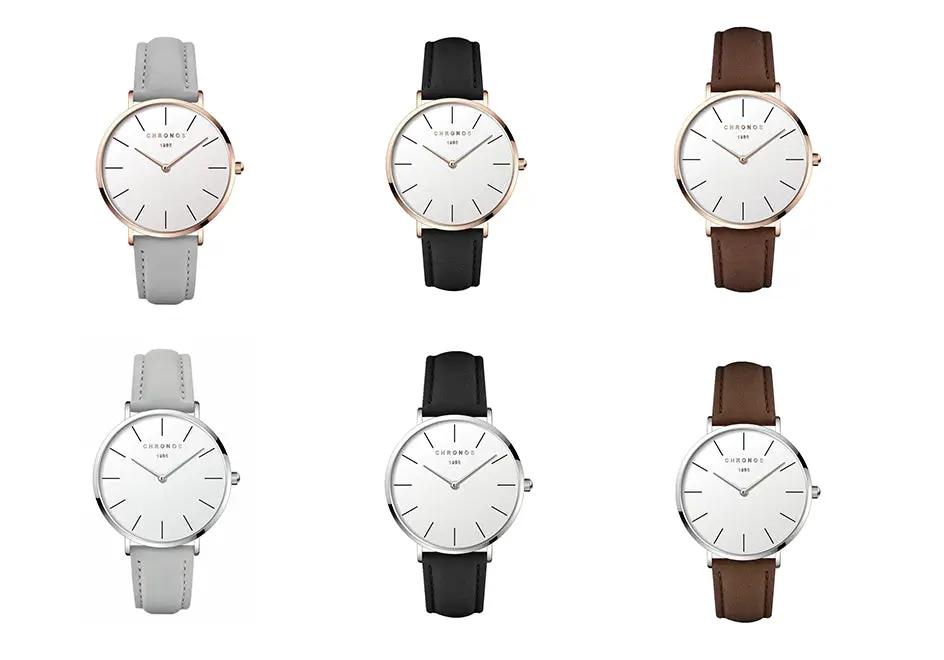 CHRONOS unisex minimalist quartz watches, six colorways with white dials and gray/black/brown leather straps.