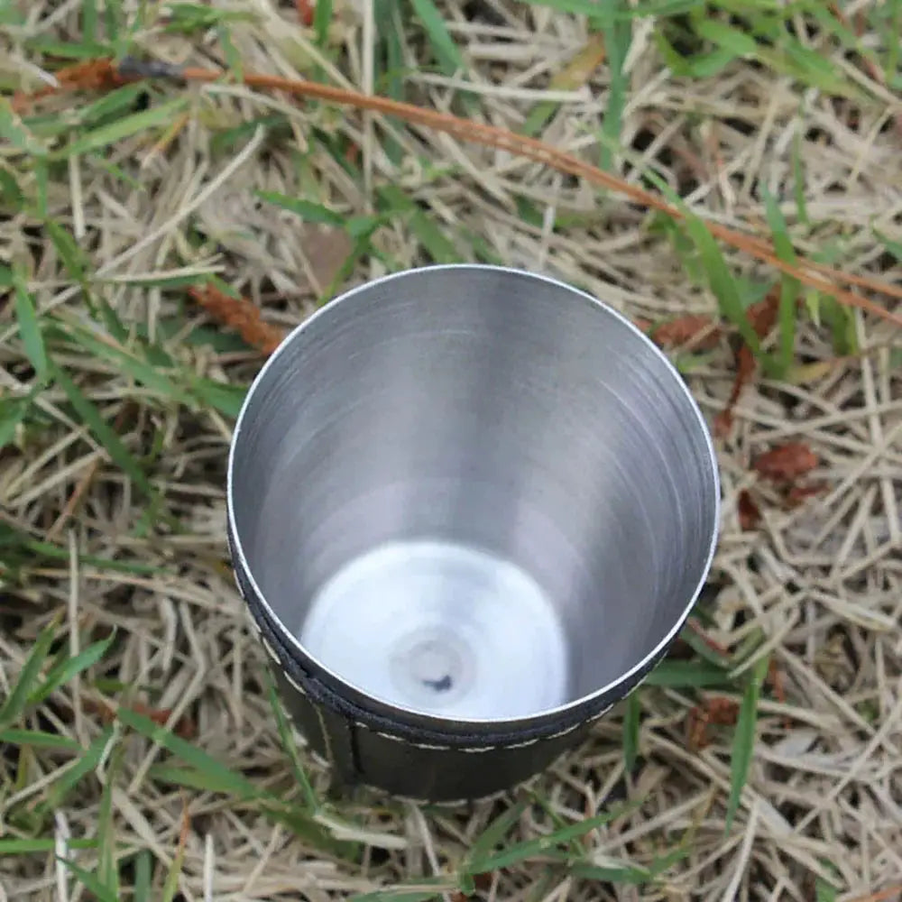 4-piece stainless steel travel cups set with PU leather wrap by Simples Market for camping