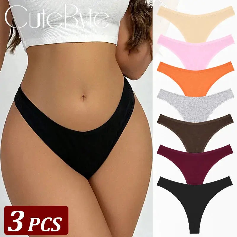 3-piece seamless cotton thong set in assorted colors; model wearing a black low-rise T-back panty