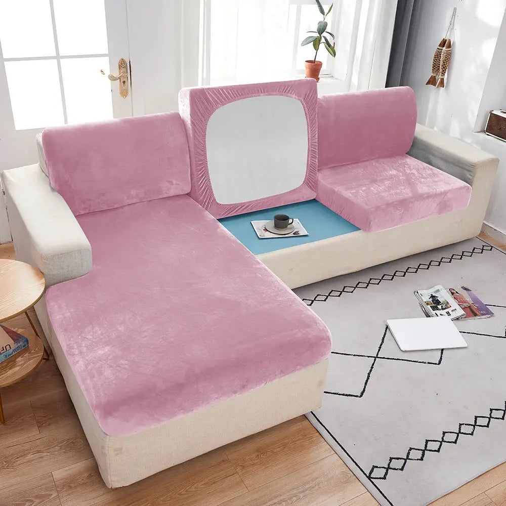 Plush pink sofa slipcover for sectional, anti-slip elastic fit on beige couch