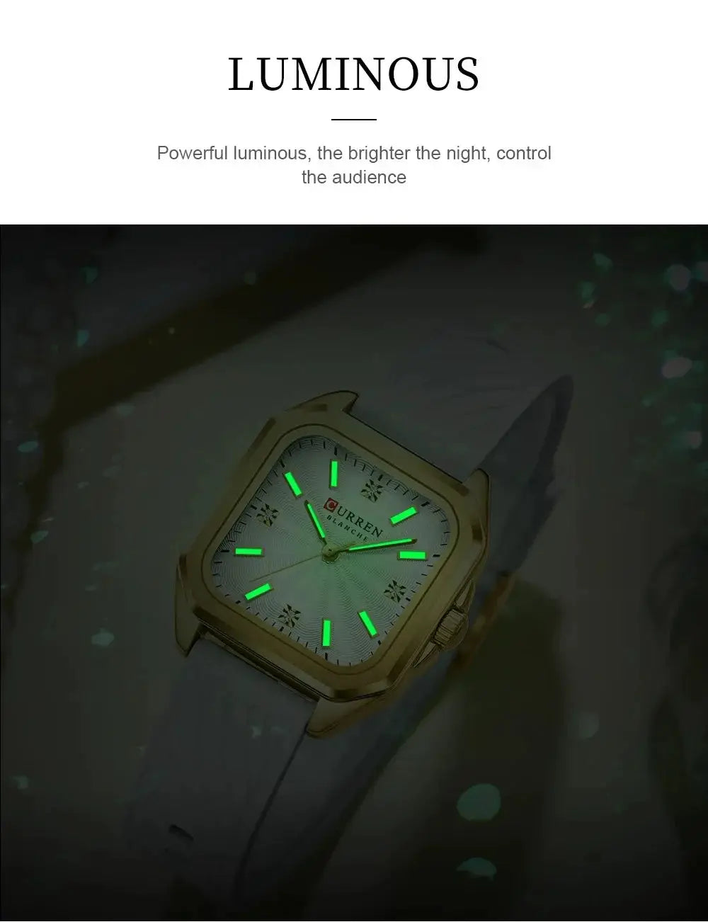 Curren 9113 ladies' quartz watch with a gold square case, white strap, and luminous green markers.
