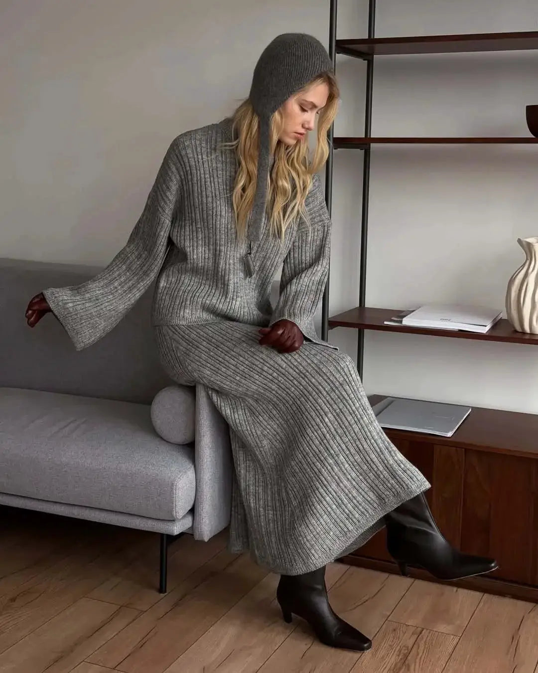 Hirsionsan Two Piece Set Women Polo Neck Cardigan And Midi Dress