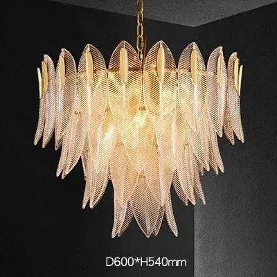 Gold-toned glass leaf chandelier pendant lamp, Nordic designer style, D600×H540mm