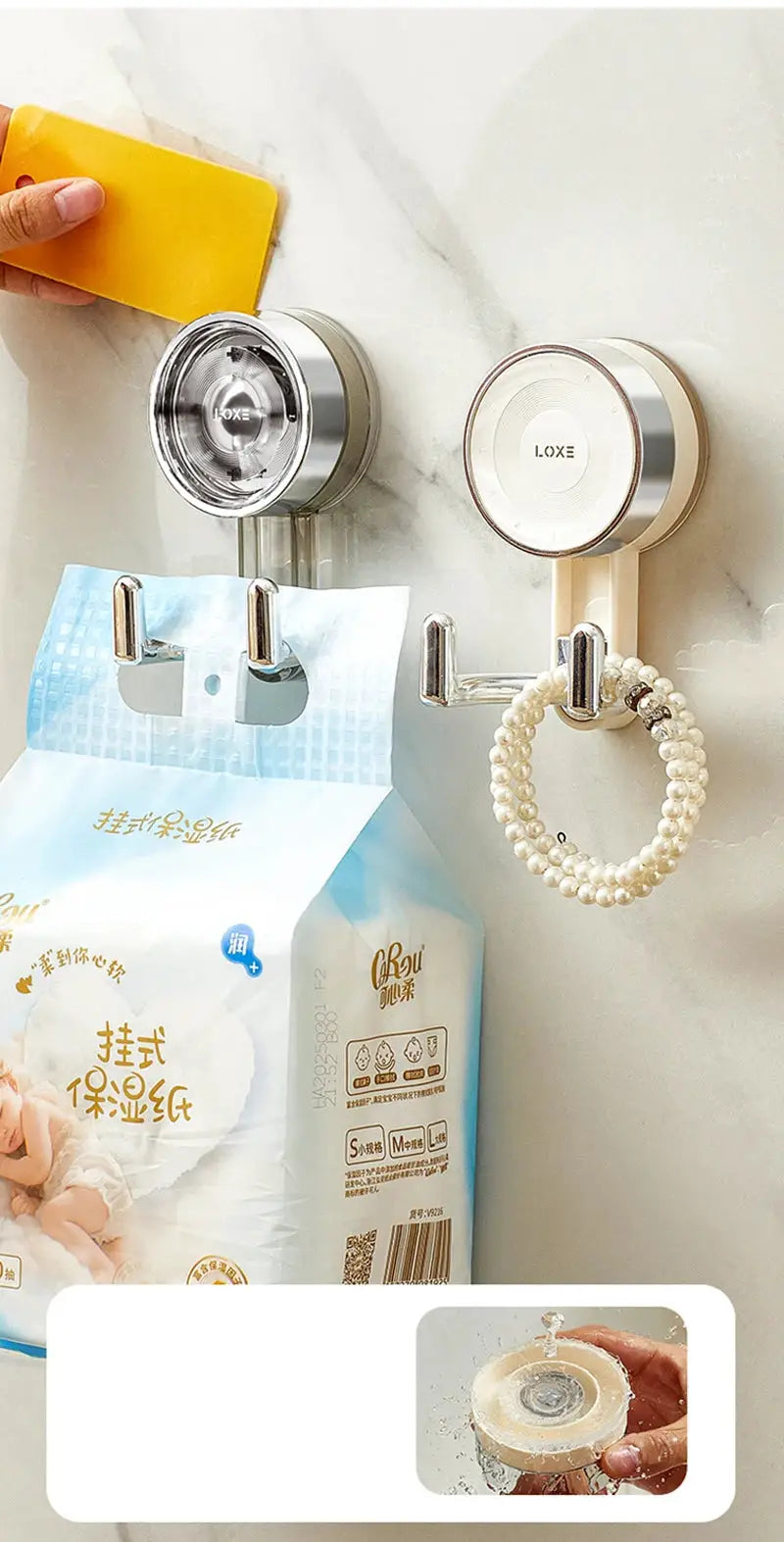 Simples Market chrome bathroom suction cup wall hooks set with double hanging hooks on a marble wall