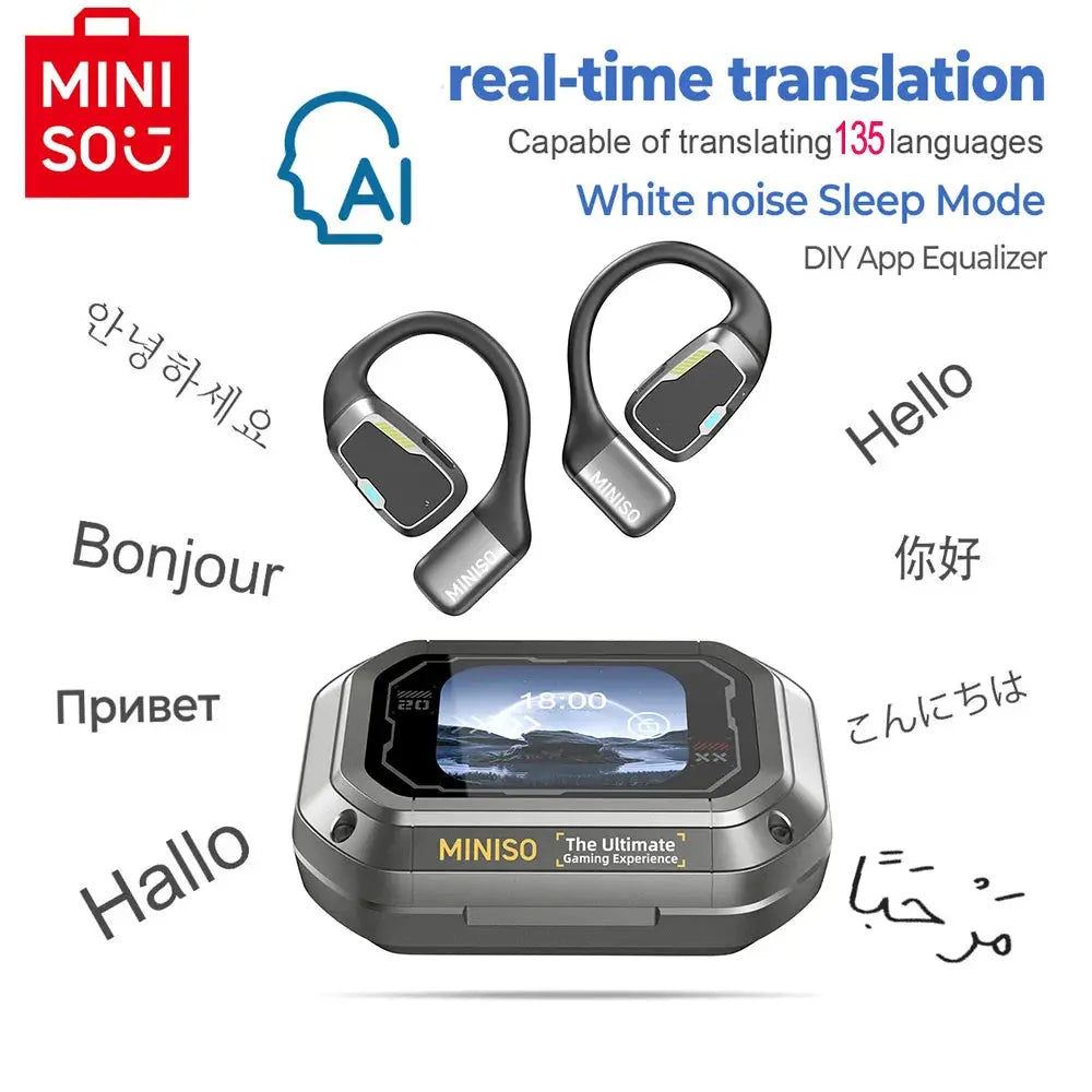 MINISO AI M98 wireless earbuds pair with charging case, black/gray, LCD touch screen.