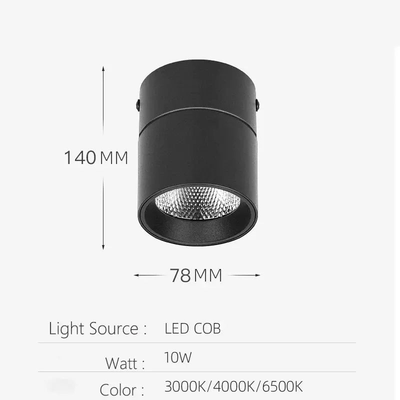 Simples Market spot LED downlight, black cylindrical surface-mounted ceiling lamp, 10W COB, dimmable, 3000/4000/6500K