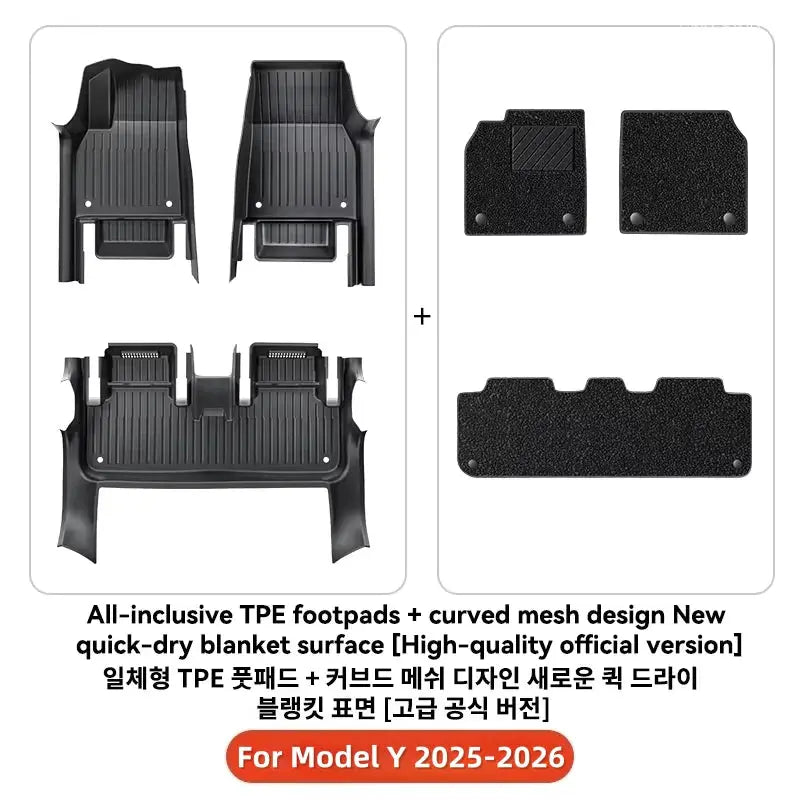Tesla Model Y 360° full-cover floor mats by Simples Market, TPE, black, waterproof, anti-slip, front and rear liners.