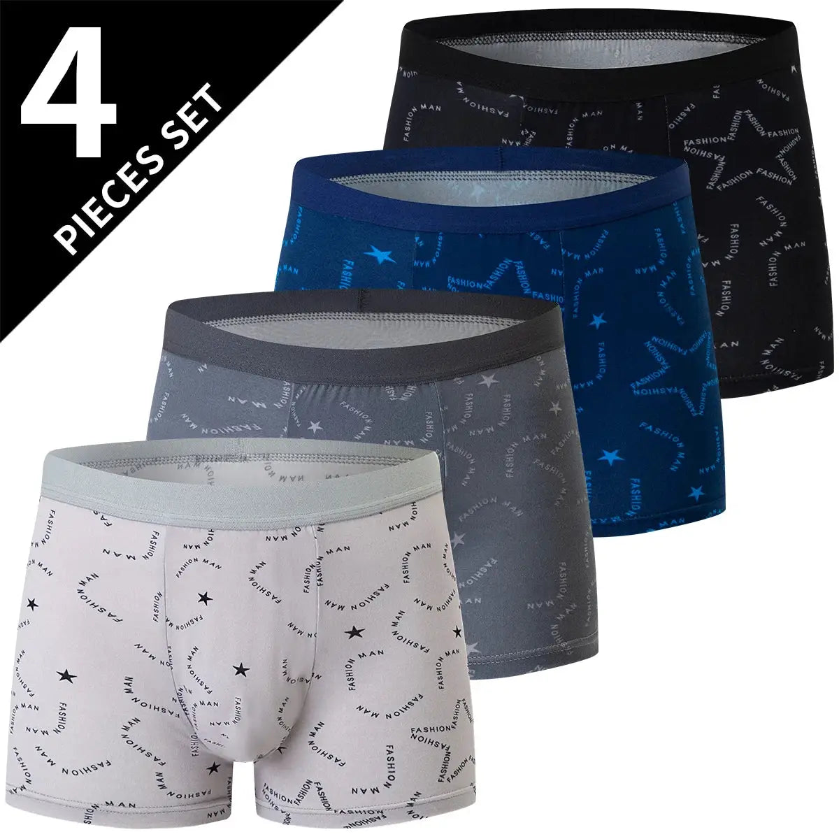Men's printed fashion boyshorts 4-pack by Simples Market in white, gray, blue, black with star pattern