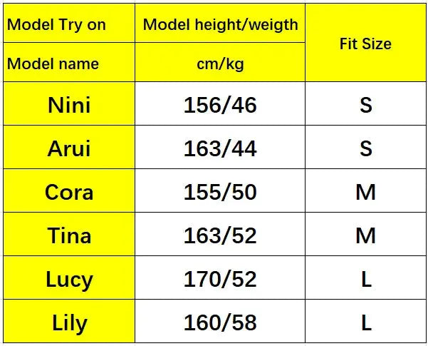 Size chart for Simples Market white tiered ruffle-hem maxi skirt; six models with heights, weights and fit sizes