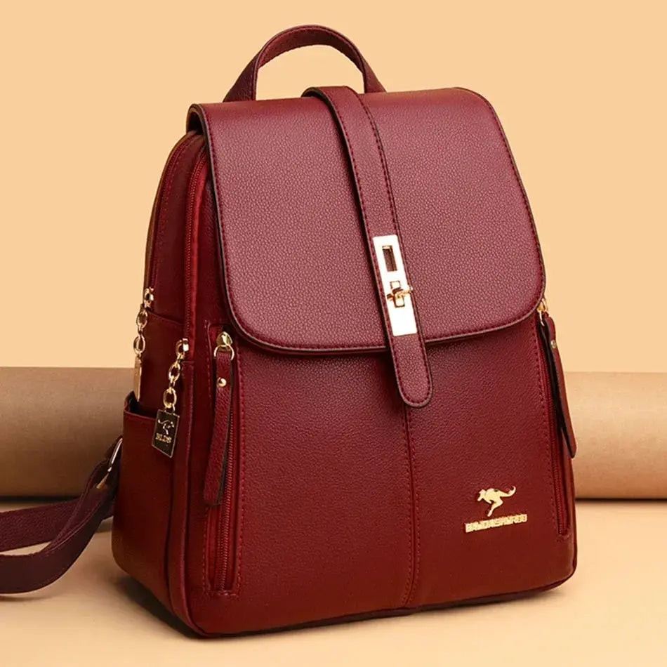 Simples Market burgundy leather backpack for women, large-capacity bag with gold logo emblem