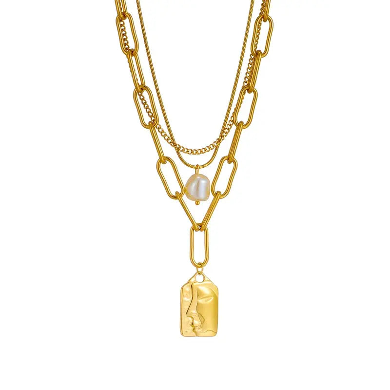 DIEYURO 316L Stainless Steel 3 Layer Pearl Square Portrait Pendant Necklace For Women Punk Street Trend