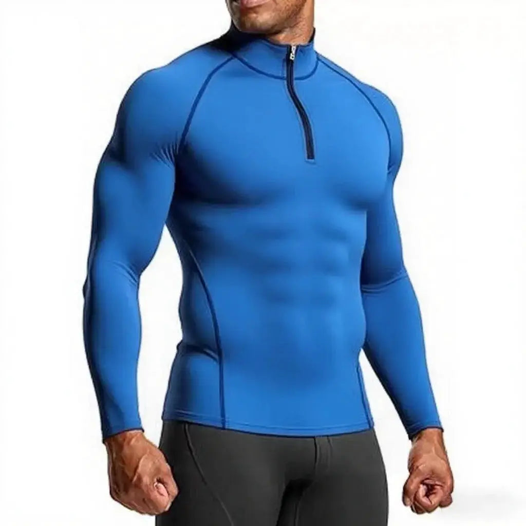 Men blue long-sleeve compression gym shirt with quarter-zip neck, Simples Market