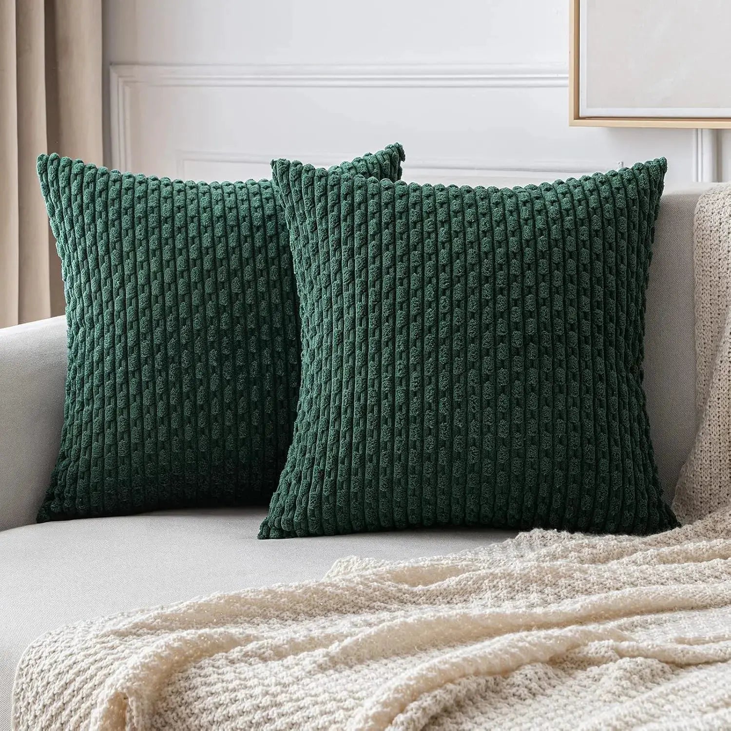Green corduroy striped throw pillow covers, 20x20 in, set of 2, Simples Market, farmhouse Boho decor.