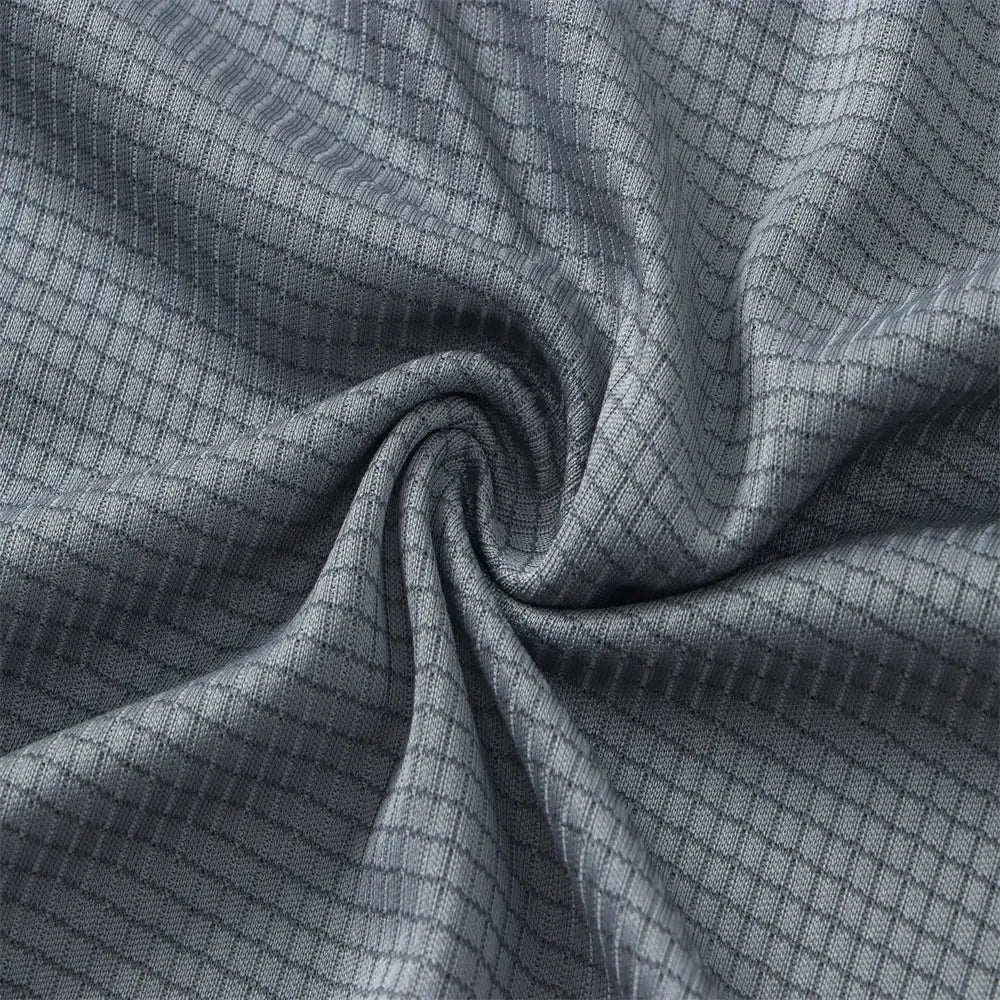 Men's quick-dry gym T-shirt fabric in gray grid pattern; lightweight, breathable material