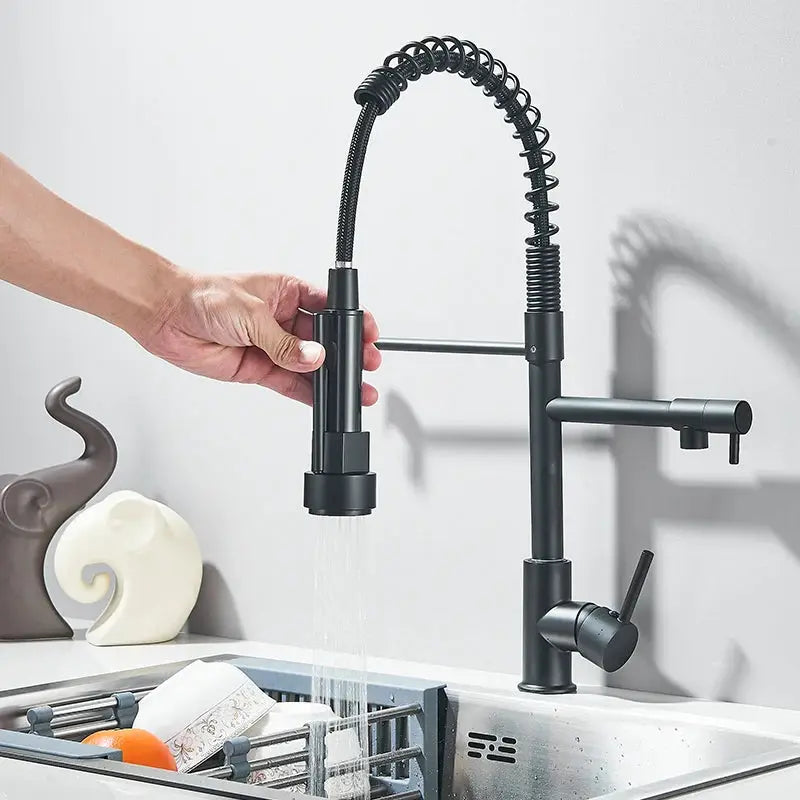 Simples Market chrome pull-down kitchen faucet with flexible coil hose and dual-swivel spout, deck-mount